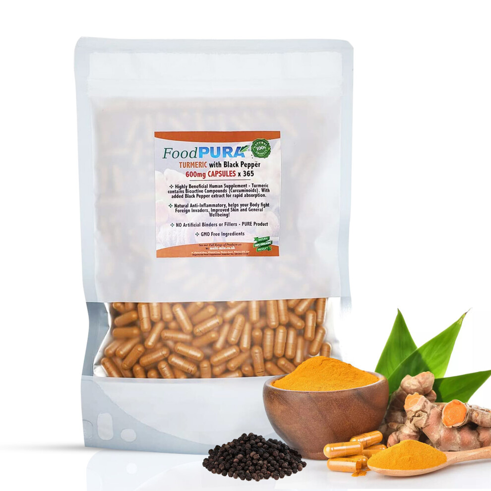 Foodpura Turmeric Curcumin 600Mg With Organic Black Pepper - 365 Capsules | Vegetarian & Vegan, Non-Gmo, No Fillers
