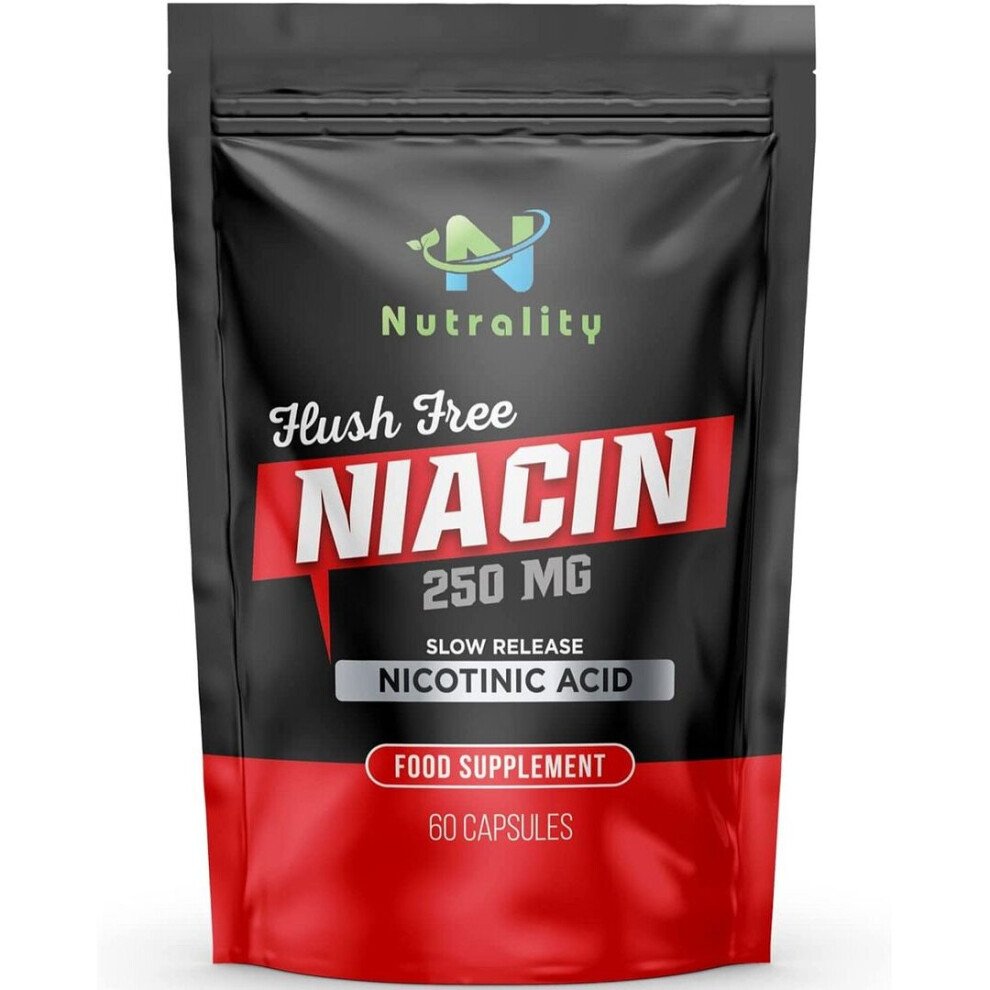 Nutrality Niacin Vitamin B3 - No Flush Nicotinic Acid Supplement - 250mg 60 Day Supply for Energy Metabolism, Cholesterol Support, Healthy Skin, Diges