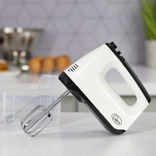 (White) Quest Hand Mixers with Storage Case / Handheld Electric Whisk / With Flat Beaters, Dough Hooks & Whisk / 6 Speed Control / One Button Release