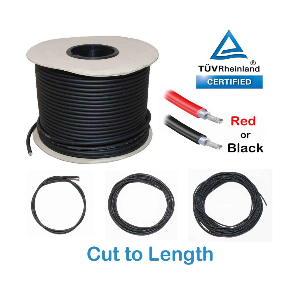 (6mm Black, 10m) 4mm & 6mm Solar Panel PV Cable, Cut to Length, TUV double insulated, 1800V, low voltage drop
