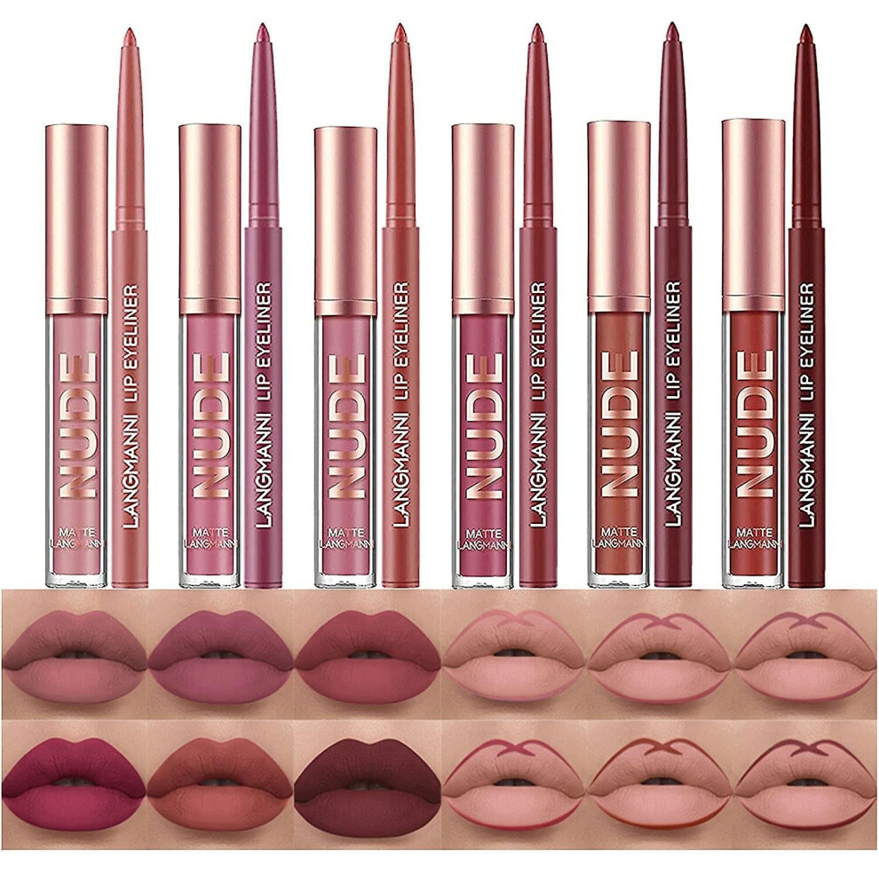 Multicoloured 12Pcs Lip Liner Lip Gloss Set Velvety Matte Liquid Lipstick Long Lasting Lip Makeup Kit