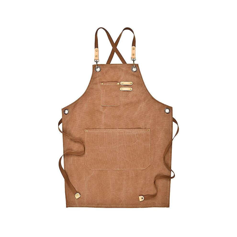 (Brown) Canvas Work Apron With Adjustable Strap Multi Pockets For Barista Barber Beauty Salon 768692085155