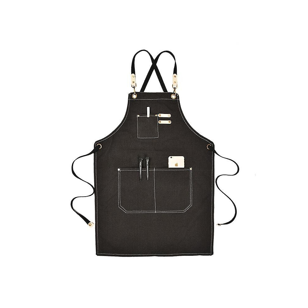 (Black) Canvas Work Apron With Adjustable Strap Multi Pockets For Barista Barber Beauty Salon 768692085223