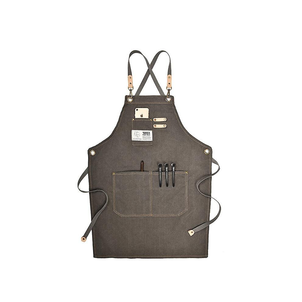 (Dark Grey) Canvas Work Apron With Adjustable Strap Multi Pockets For Barista Barber Beauty Salon 768692085193