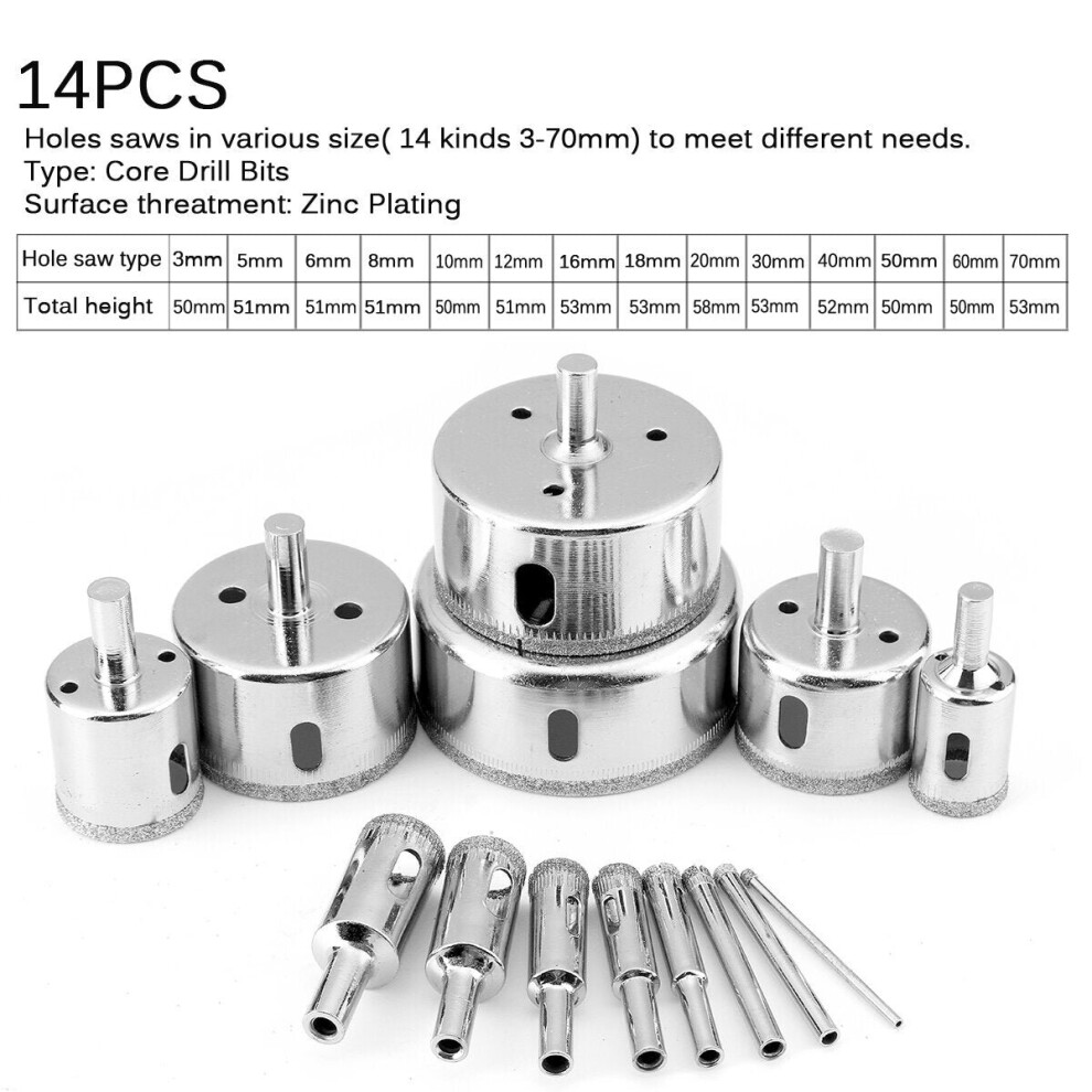 (14pcs) 8/14/15/16/30Pcs 6mm-70mm Diamond Coated Drill Bit Set Tile Marble Glass Ceramic Hole Saw Drilling Bits For Power Tools