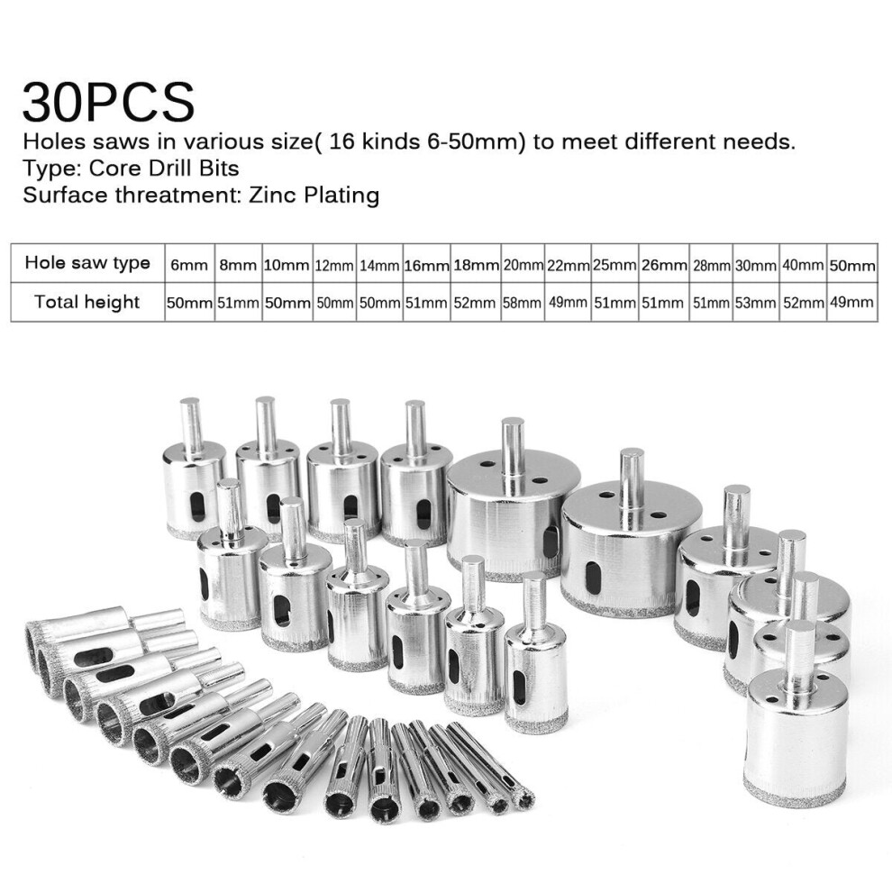 (30pcs) 8/14/15/16/30Pcs 6mm-70mm Diamond Coated Drill Bit Set Tile Marble Glass Ceramic Hole Saw Drilling Bits For Power Tools