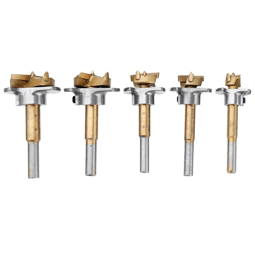 (Carton Packing) 5PCS 15/20/25/30/35mm Forstner Drill Bit Set Titanium Coating Wood Auger Cutter Positioning Hole Saw Cutter Hinge Hole Opener
