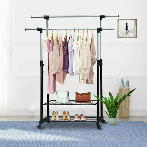 Heavy Duty Clothes Rail with Wheels, Adjustable Double Garment Rack 1