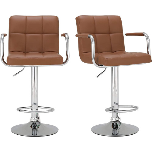 2X Brown PU Leather Bar Stools UK Rest Kitchen Breakfeast Chairs Best