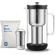Aarke Purifier, Water Filter Pitcher in Glass and Stainless Steel, 2.4L / 10 cups, Includes Aarke Pure Filter Refill Bag