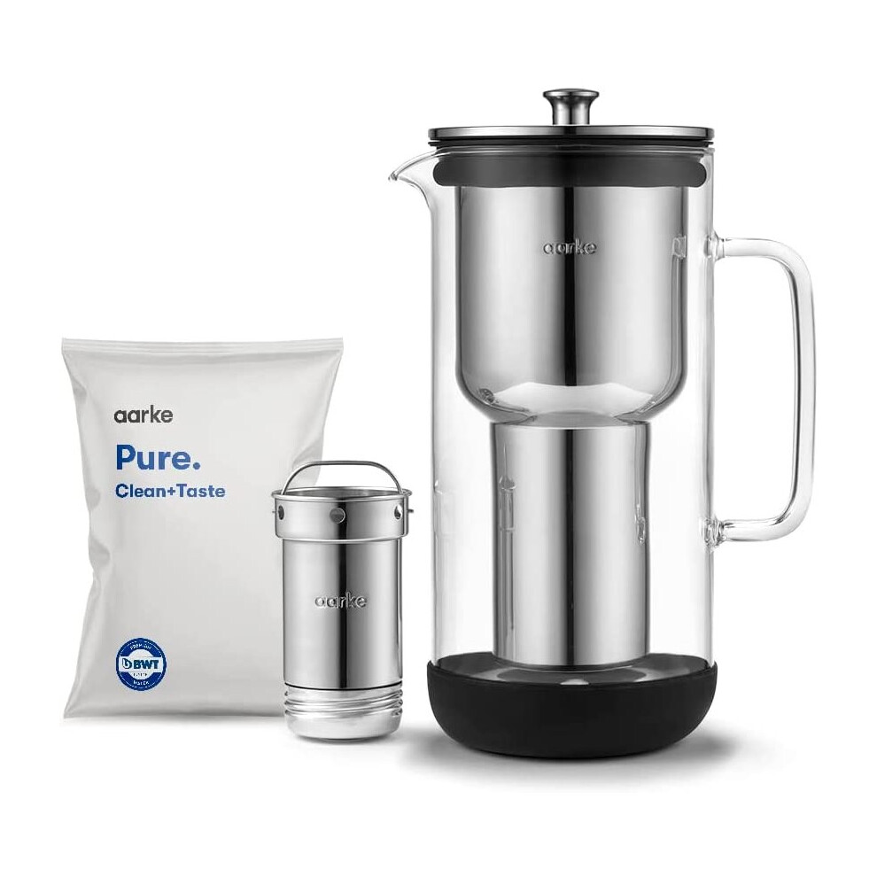 Aarke Purifier, Water Filter Pitcher in Glass and Stainless Steel, 2.4L / 10 cups, Includes Aarke Pure Filter Refill Bag