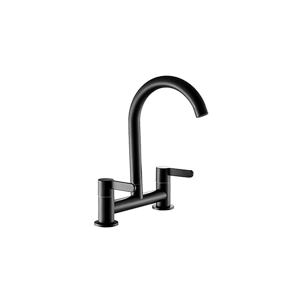 Kitchen Sink Mixer Taps, Brushed Kitchen Tap, Chrome Dual Lever 1/4 Turn Lever Control, 360 Swivel Spout 2 Hole Bridge Tap...