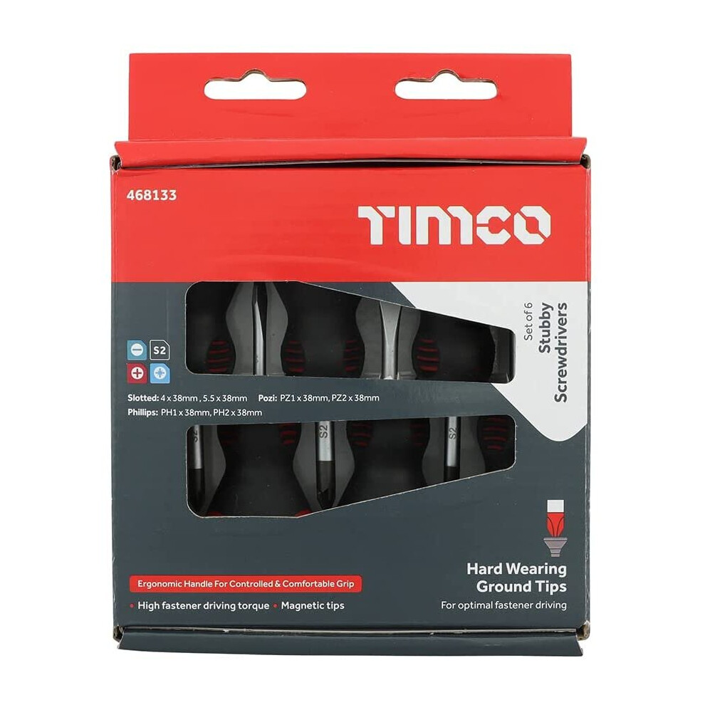 TIMCO Stubby Screwdriver Set - Assorted Sizes - 6 Screwdrivers - Ergonomic Handles for an Extra Soft Grip - Magnetic Tips to...