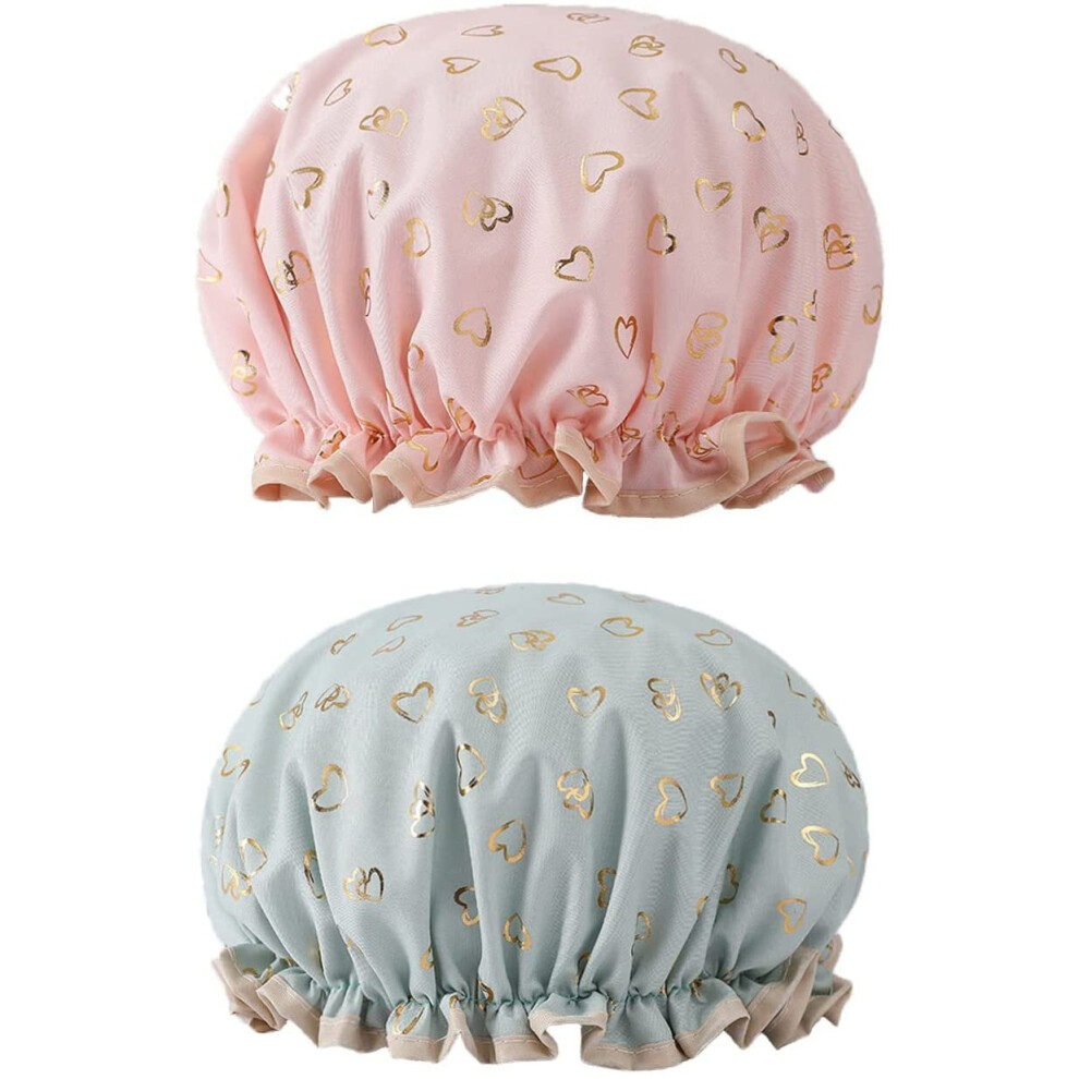 Yiapinn 2 Pcs Bath Caps Elastic Band Double Layers Waterproof Shower Caps With Ruffled Edge Covering Ears Keeping Hair Dry...-image-OPC-P97XVMF-NEW