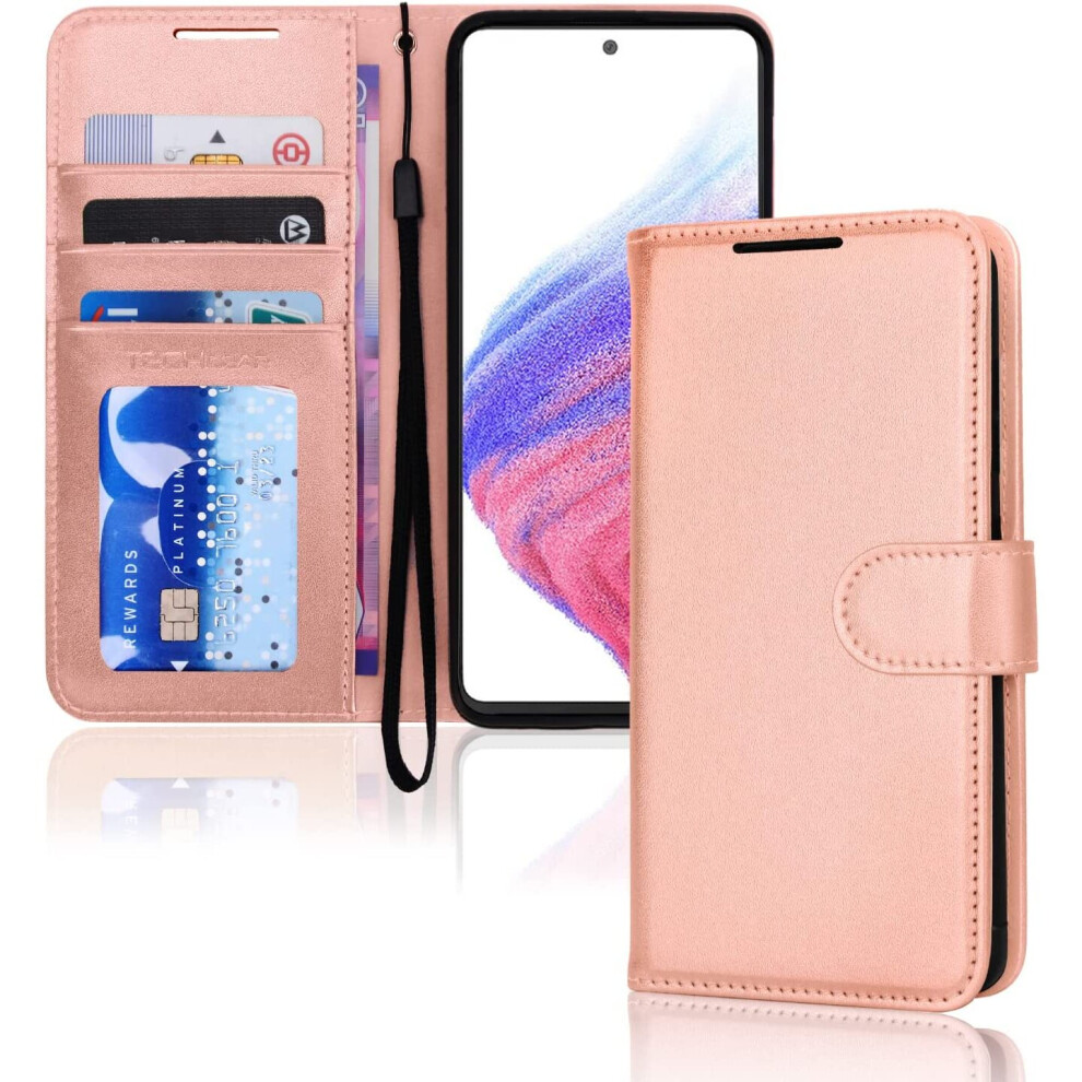 TECHGEAR Galaxy A53 5G Leather Wallet Case, Flip Protective Case with Wallet Card Holder, Stand and Wrist Strap - Rose Gold PU...