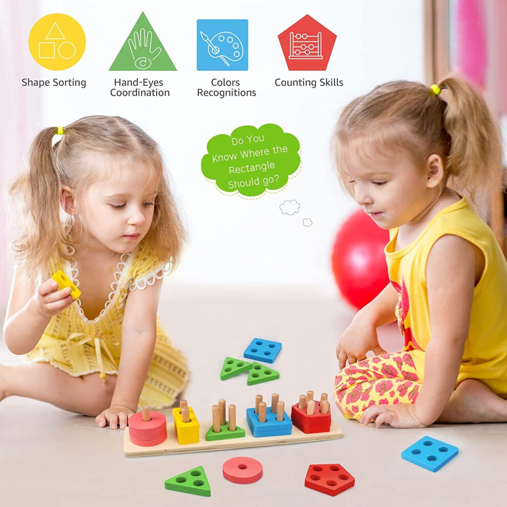 Montessori Toys for 1 to 3-Year-Old Boys Girls Toddlers and Kids Preschool,  Wooden Sorting & Stacking Educational Toys, Color Recognition Stacker