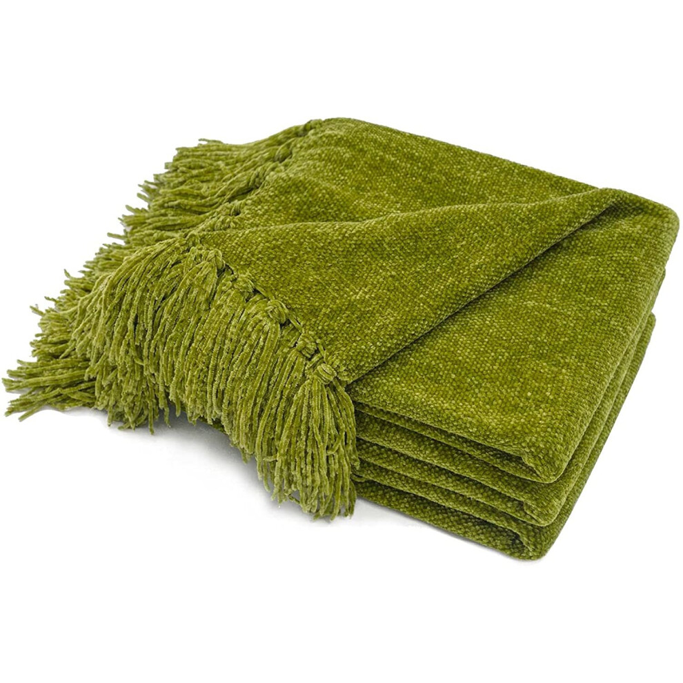 RECYCO Chenille Throw Blanket with Tassels Soft Cozy Sofa Chair Bed Gift, 152x127cm, Green