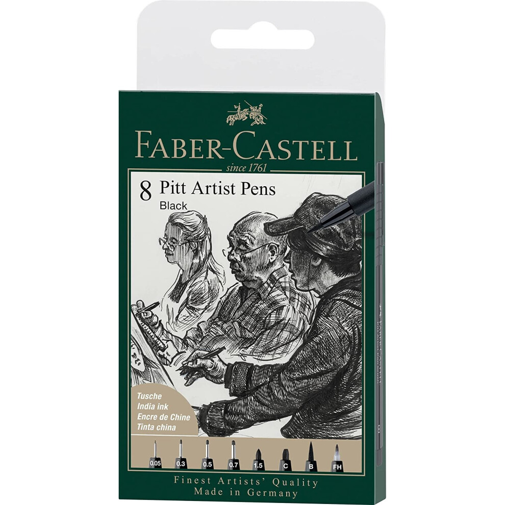 Faber-Castell PITT Artist Pen India Ink Pen - wallet of 8 - colour 199 black - XXS, S, F, M, B, C, 1.5, Fude Hard