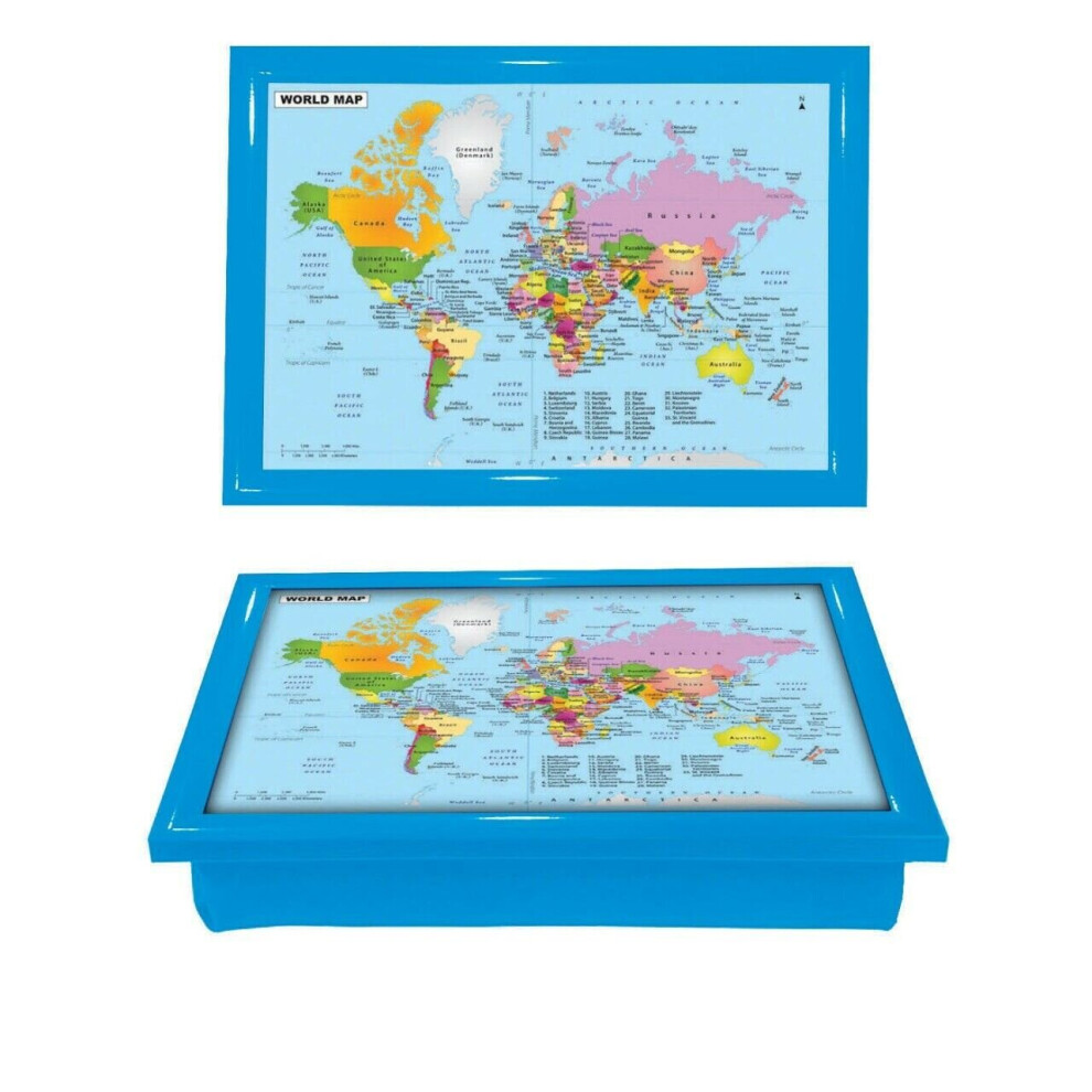 (World Map Blue) Large Wooden Soft Padded Cushioned Bean Bag Lap Dinner Laptop Food TV Tray MAP