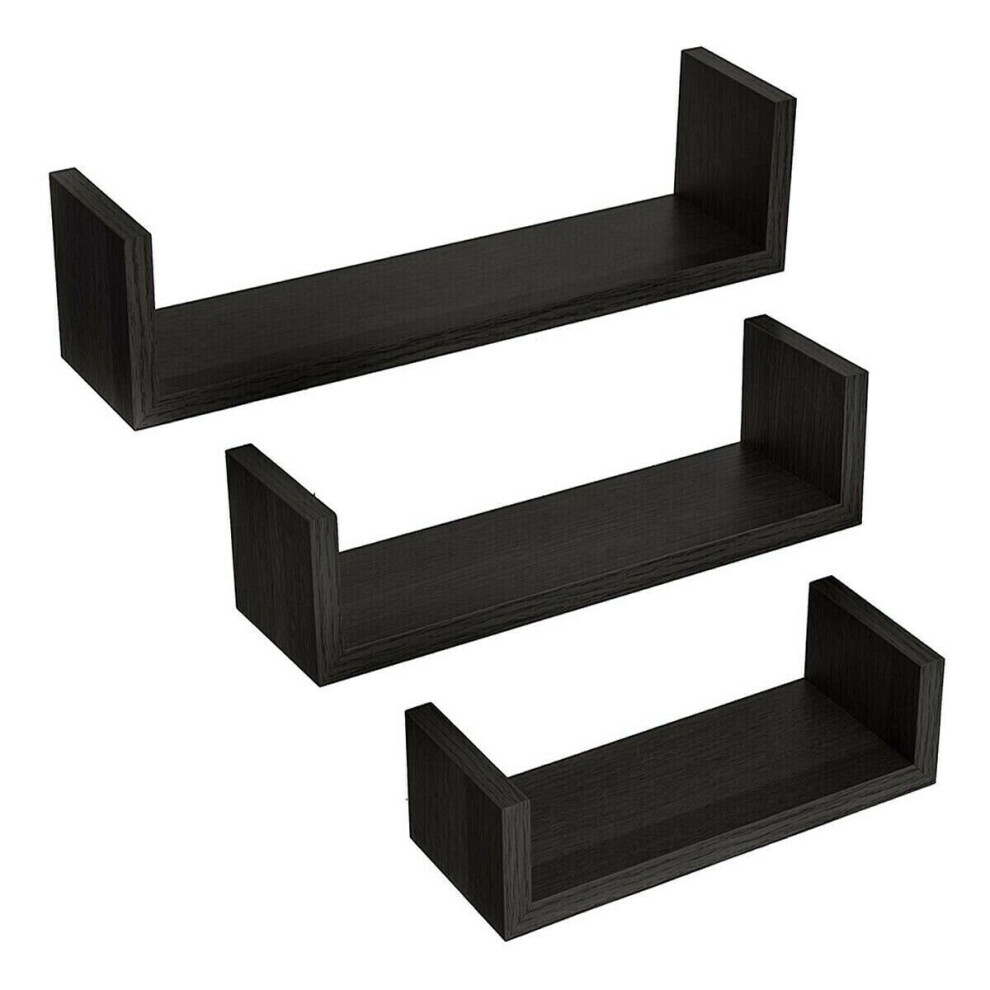 (Black) Set of 3 U Shape Floating Wall Shelve Storage