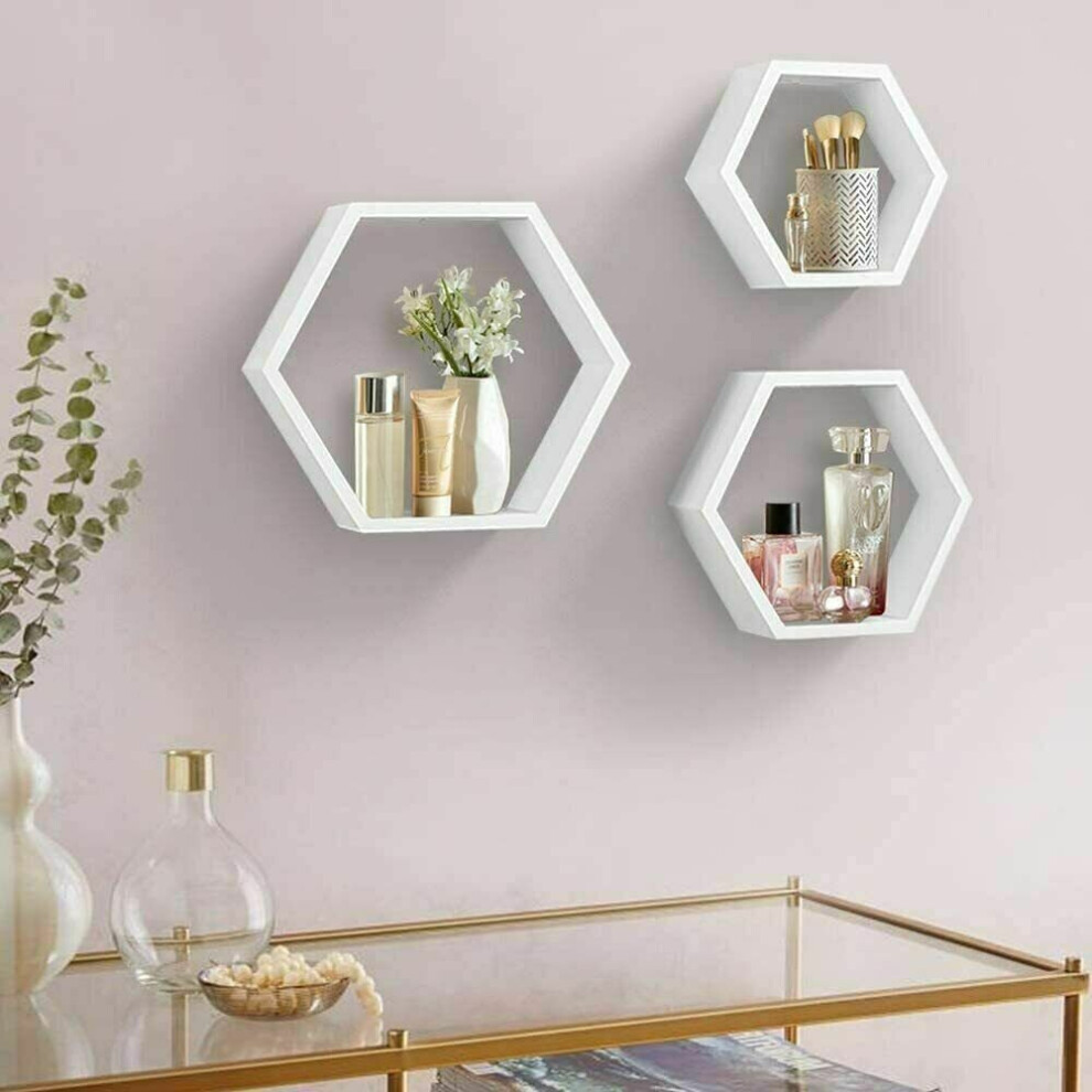 Premzo (White) Floating Wall Shelve Set Of 3 Hexagons Decorative Honeycomb Geometric Shelf Home White