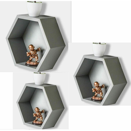 (Grey) Floating wall Shelve Set of 3 Hexagons Decorative Honeycomb Geometric Shelf home