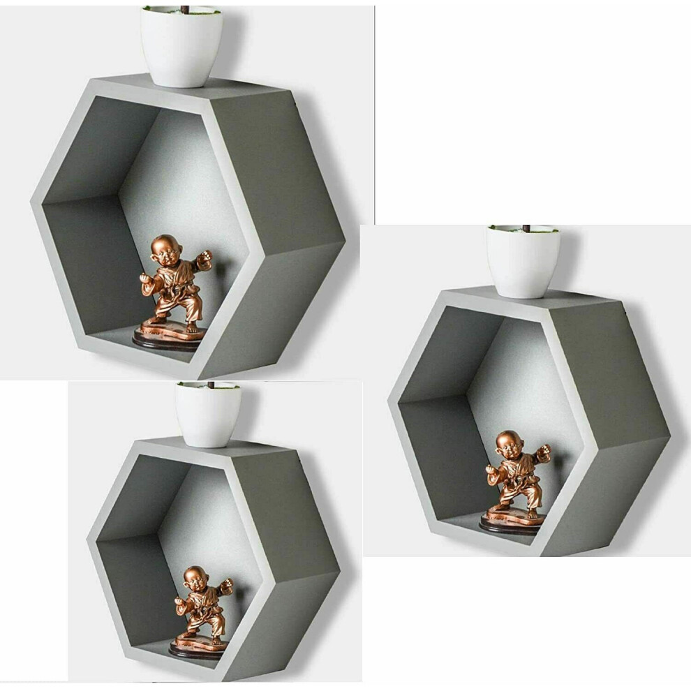 Premzo (Grey) Floating Wall Shelve Set Of 3 Hexagons Decorative Honeycomb Geometric Shelf Home Grey