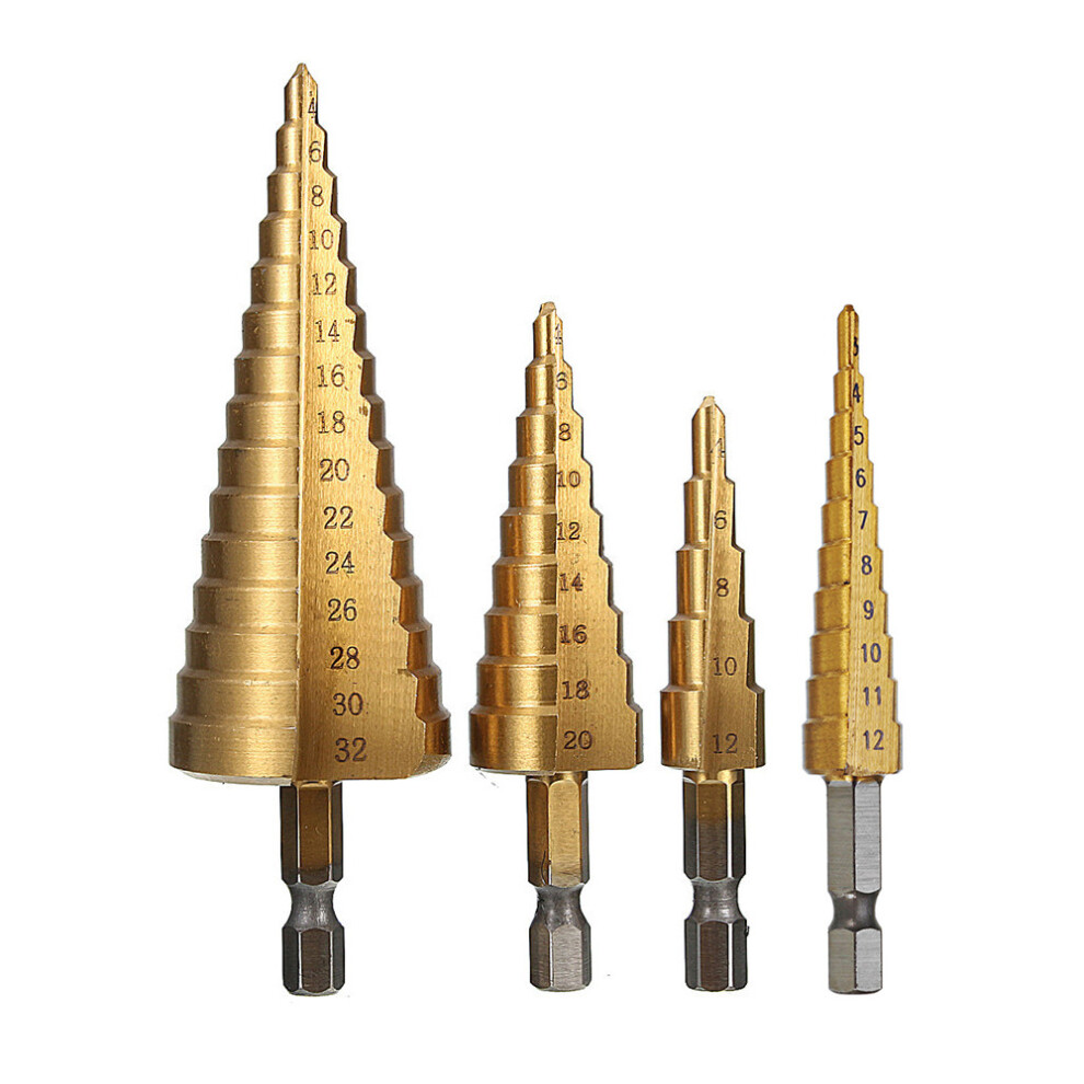 4Pcs 1/4 Inch Hex Shank HSS Titanium Coated Step Drill Bit Set 3-12/4-12/4-20/4-32mm