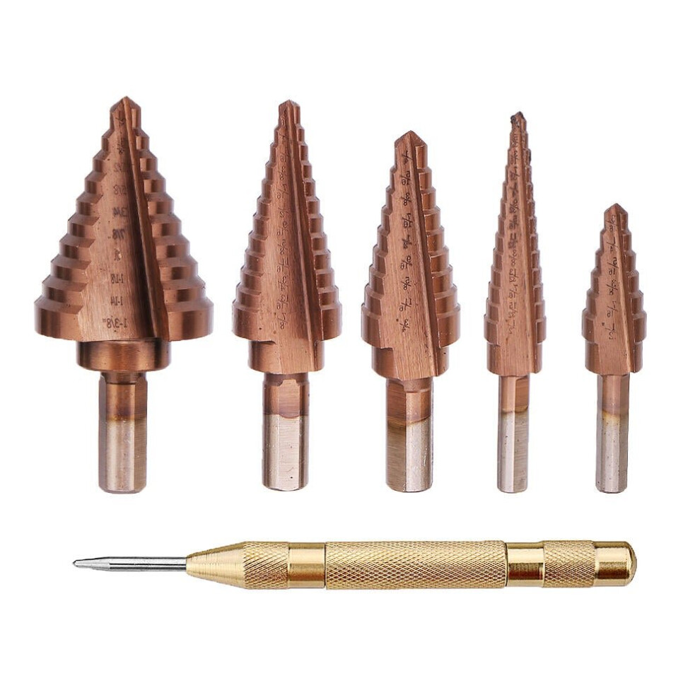 6Pcs HSS Bronze Coated Step Drill Bit With Center Punch Set Hole Cutter Drilling Tool