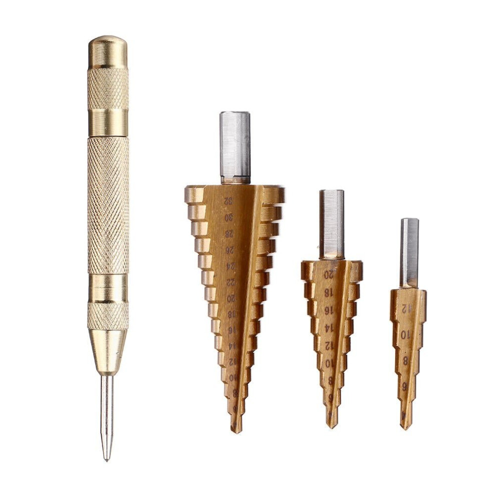 4Pcs 4-12/20/32Mm Hss Titanium Step Cone Drill Bit With Automatic Center Pin Punch 3654659281777