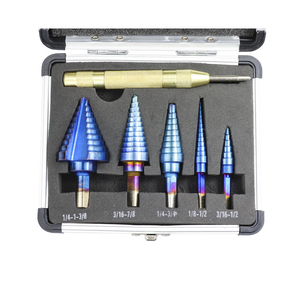 6Pcs HSS Nano Blue Coated Step Drill Bit With Center Punch Set Hole Cutter Drilling Tool