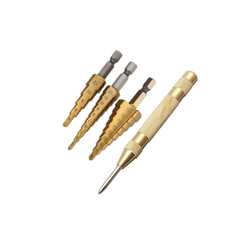 3Pcs 3-12/4-12/4-20mm HSS Titanium Coated Step Drill Bits with Automatic Center Pin Punch