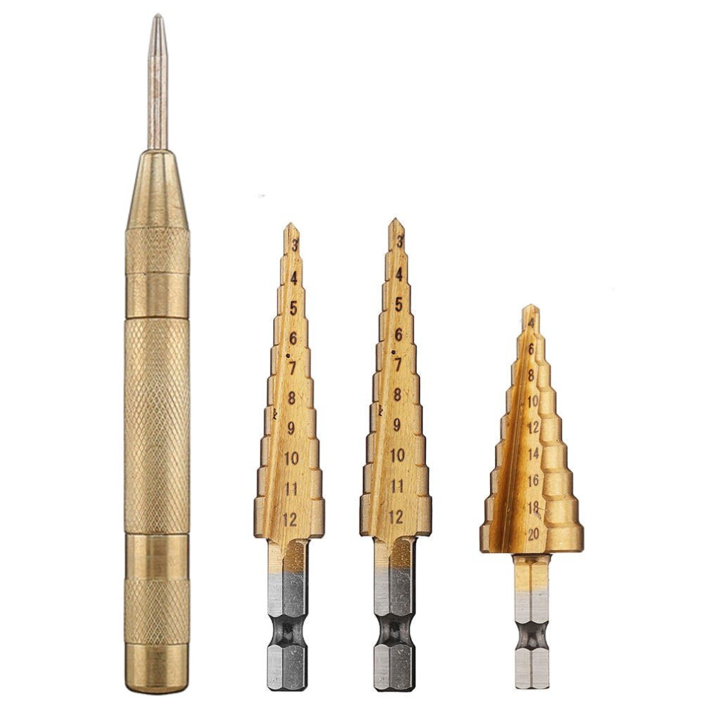 4pcs HSS Titanium Coated Step Drill Bit with Automatic Center Pin Punch 3-12/4-12/4-20mm Step Drill