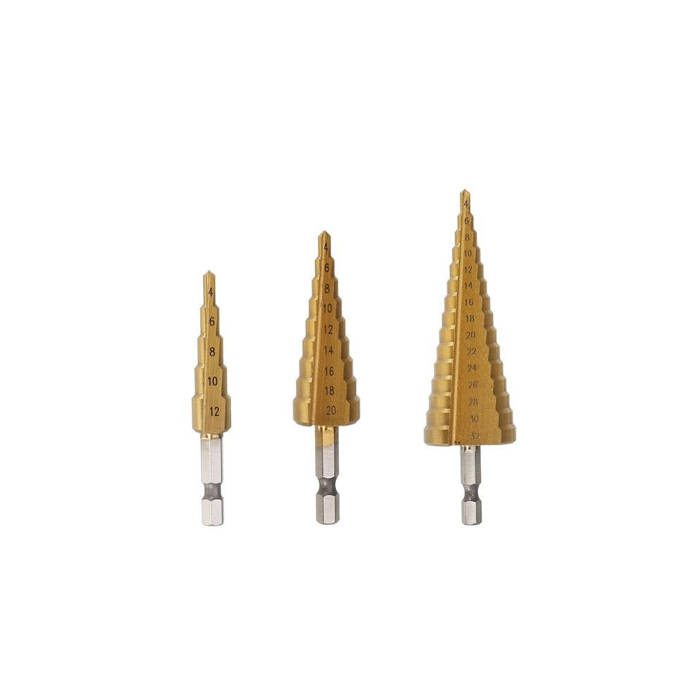 3Pcs 1/4 Inch Hex Shank HSS Titanium Coated Step Drill Bit Set 4-12/4-20/4-32mm in Pouch