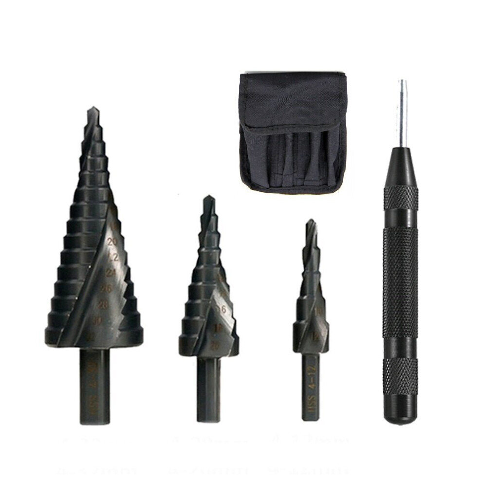 3Pcs HSS Spiral Flute Step Drill Bit Triangle Shank With Automatic Center Pin Punch For Hole Drill