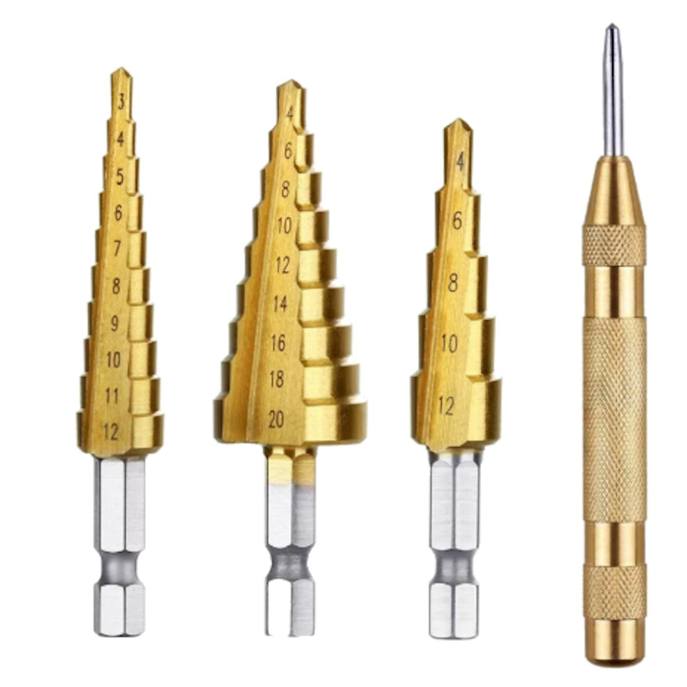 4-piece Combo Package Contains the Center Punch Locator Without Cap and 3pc Step Drills with Hexagon Shank