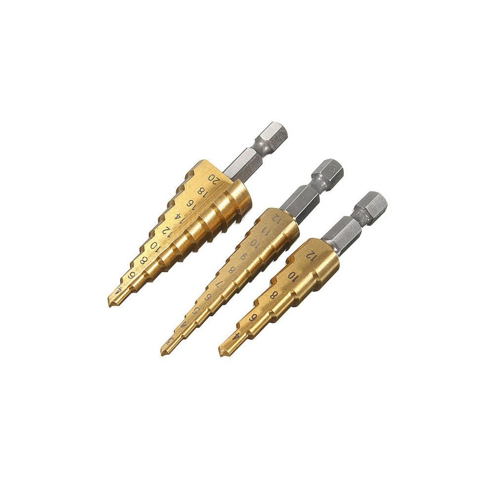 3pcs HSS Step Cone Drill Bit Titanium Hole Cutter Set 3-12/4-42/4-20mm