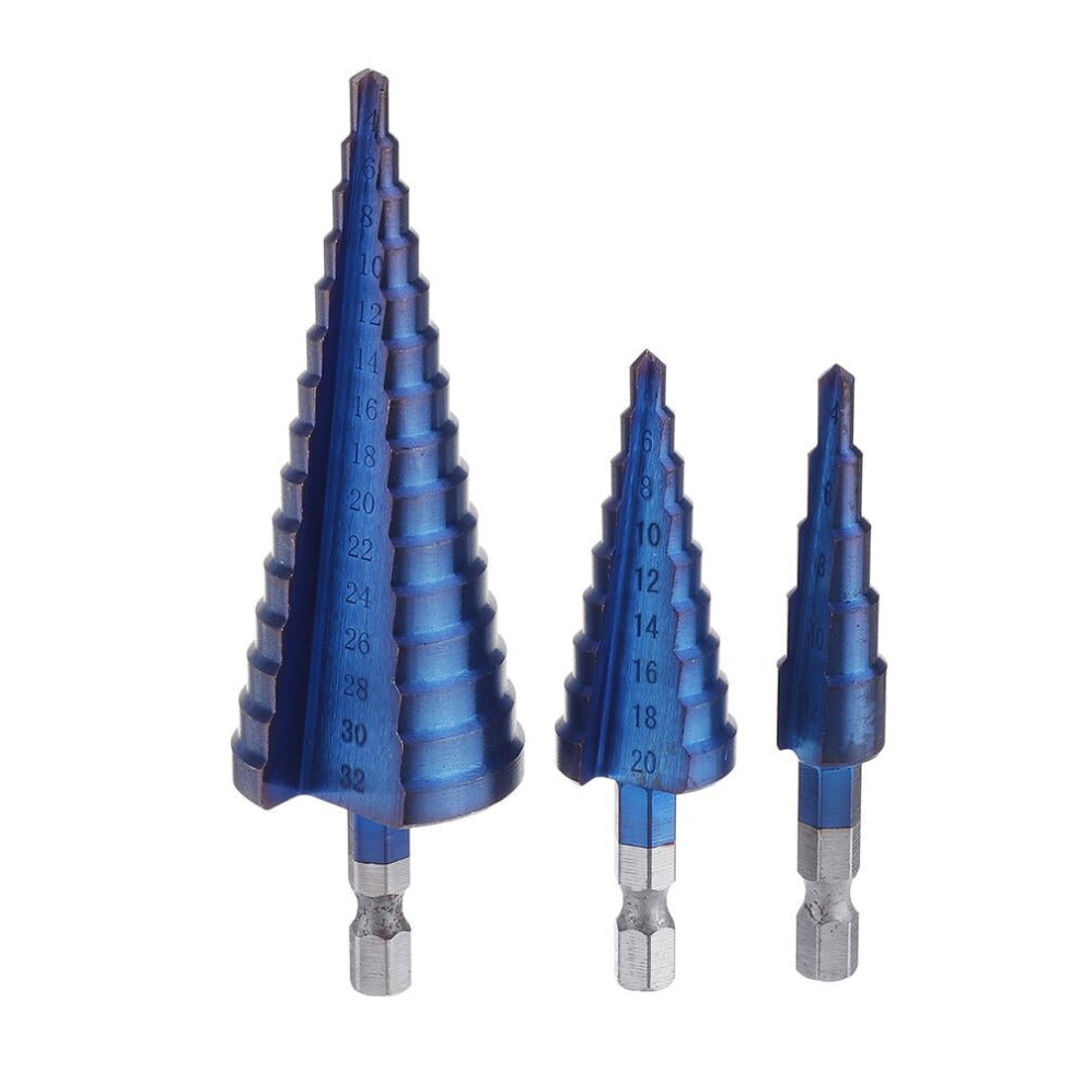 3Pcs 1/4 Inch Hex Shank Blue Nano Coated Step Drill Bit Set 4-12/4-12/4-32mm