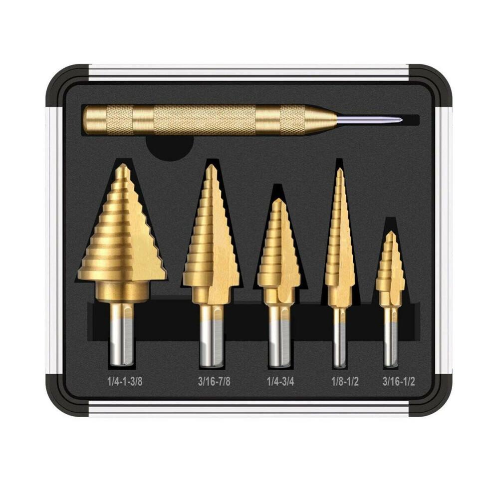 6Pcs HSS Titanium Coated Step Drill Bit With Center Punch Drill Set Hole Cutter Drilling Tool