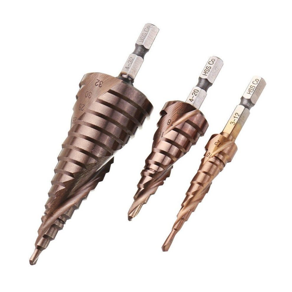 3Pcs 3-12/4-20/4-32mm M35 Cobalt Step Drill Bit 1/4 Inch Hex Shank HSS-Co Step Drill Bit