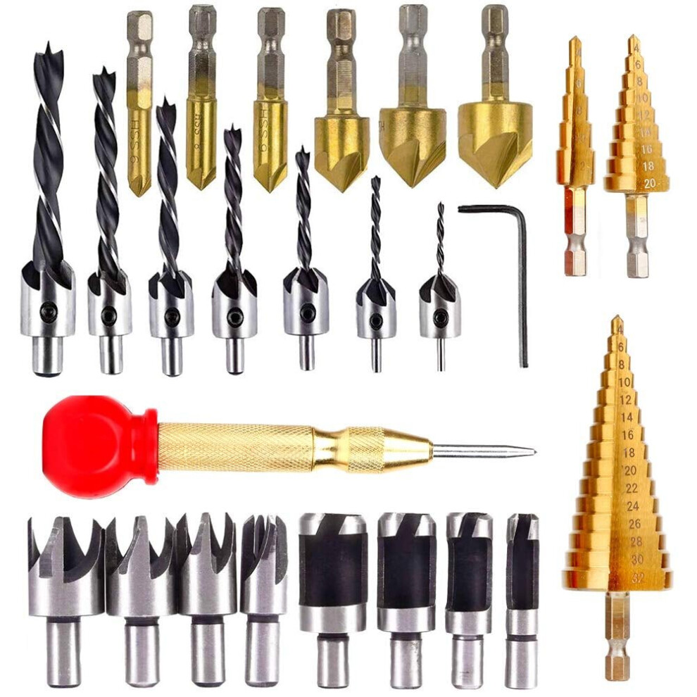 25pcs Chamfer Countersink Drill Bit Set Step Drill Bits 5 Flute 90 Degree Countersink Drill Wood Plug Cutter and Certer Punch