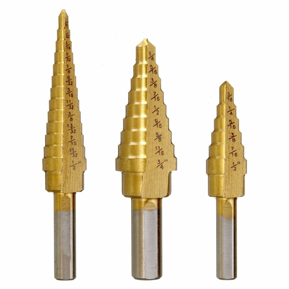 3Pcs HSS Round Shank Titanium Coated Quick Change Step Drill Bits 3/16-1/2 1/8-1/2 1/4-3/4 Inch