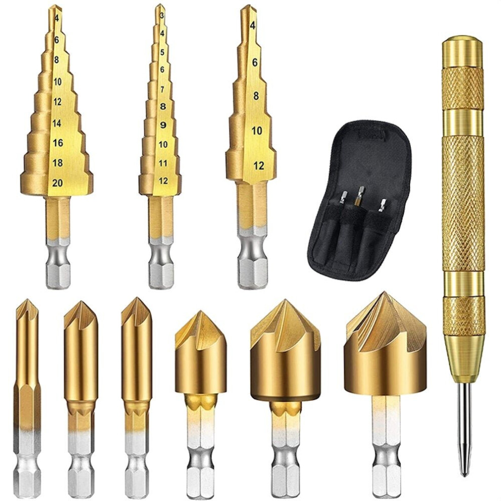 10pcs Step Drill Bit Set 1/4 Inch Hex Shank 5 Flute Countersink with Automatic Center Punch