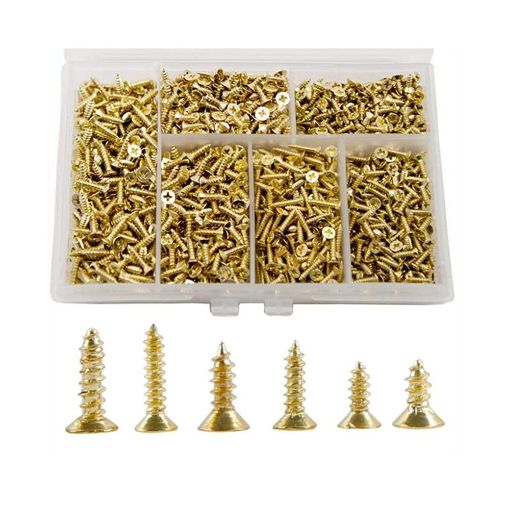 1080Pcs M2 M2.5 M3 Phillips Screws Gold-Plated Copper Cross Countersunk Flat Head Tapping Screws Assortment Kit 3654659459817