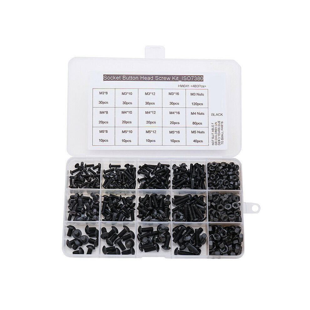 480Pcs Carbon Steel Hex Socket Button Head Screws Nut Assortment Kit M3 M4 M5 12.9 Grade