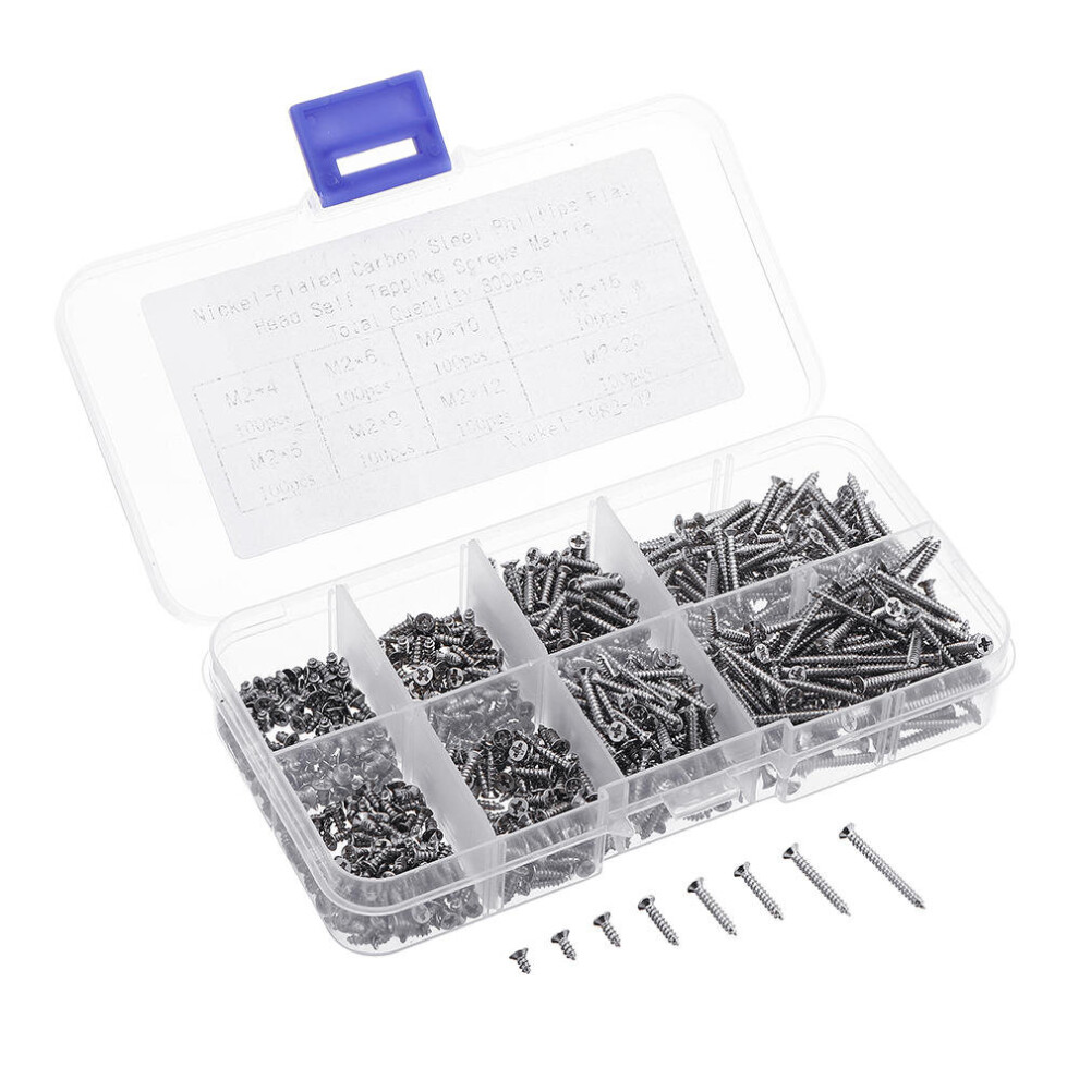 800pcs M2 Phillips Screw Flat Head Nickel-Plated Carbon Steel Self-Tapping Woodworking Screws Assortment Kit