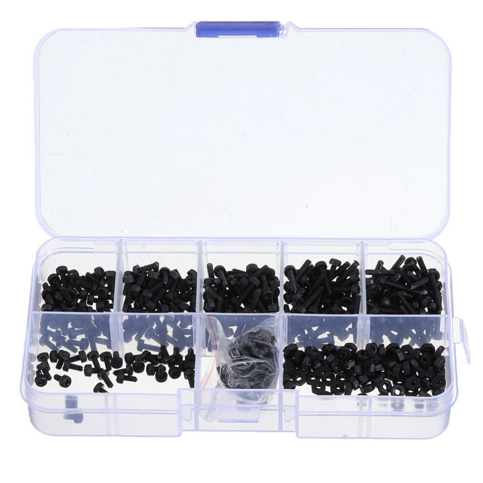 500Pcs M2 Nylon Screw Bolt Black Round Cross Screw Hex Nut Spacer Nylon PCB Assortment