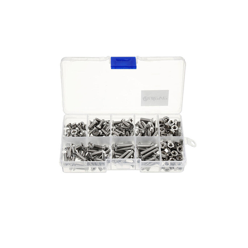 M4SP2 M4 Stainless Steel Phillips Flat Head Screws Bolts Nuts Assortment Kit 250Pcs