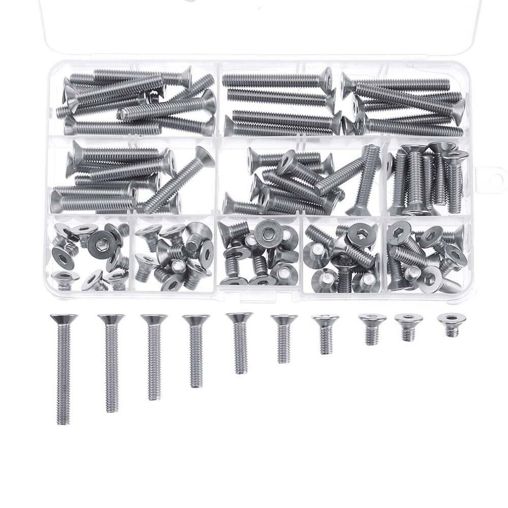 100Pcs M6 304 Stainless Steel Hex Socket Flat Head Screw Bolts Assortment Set