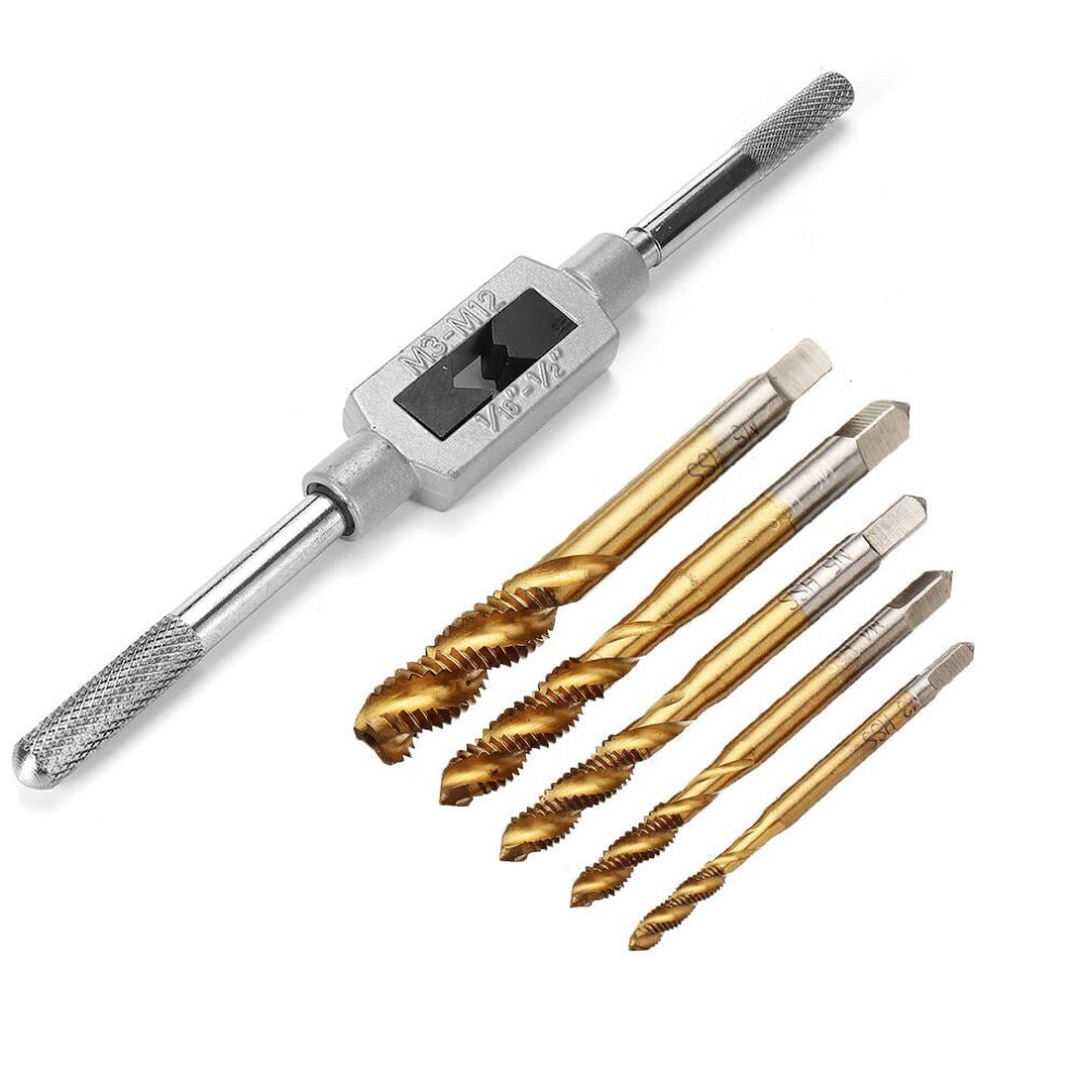 M3-M12 Hand Spanner with 5pcs Titanium Coated M3-M8 Spiral Screw Tap Set